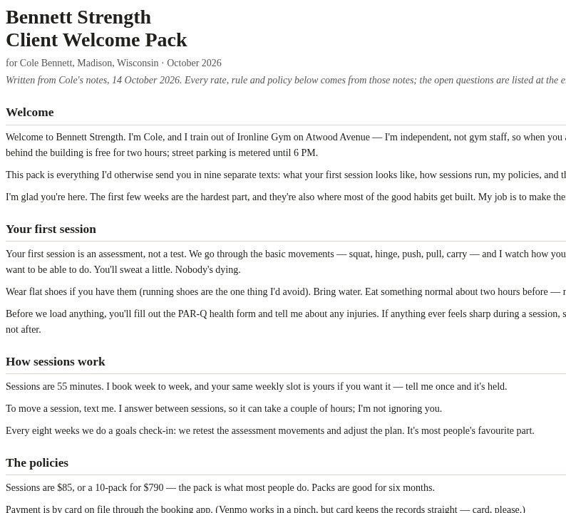 The sample client welcome pack, page one of the PDF proof